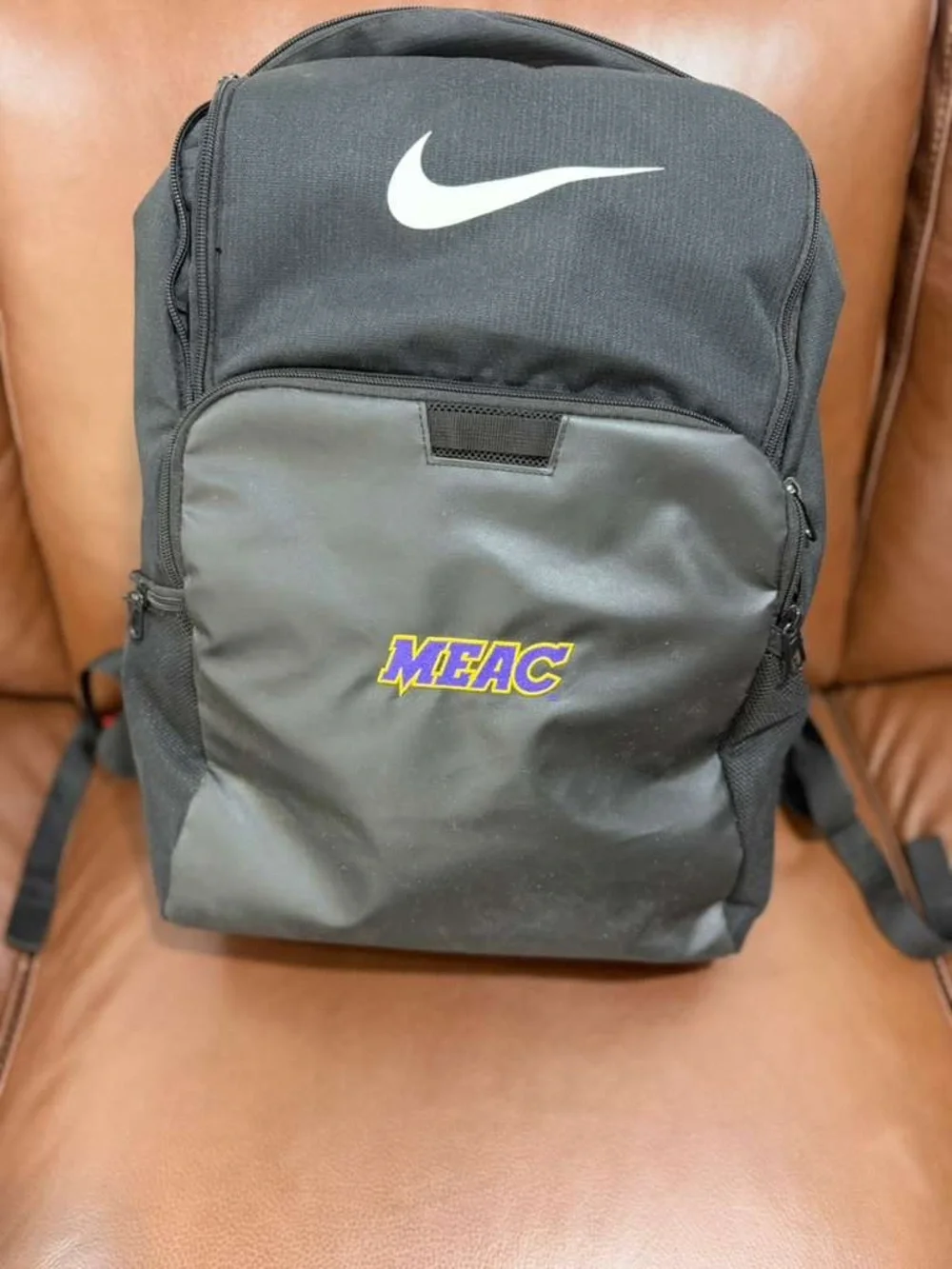 Nike Black Backpack with White Swoosh and MEAC Patch